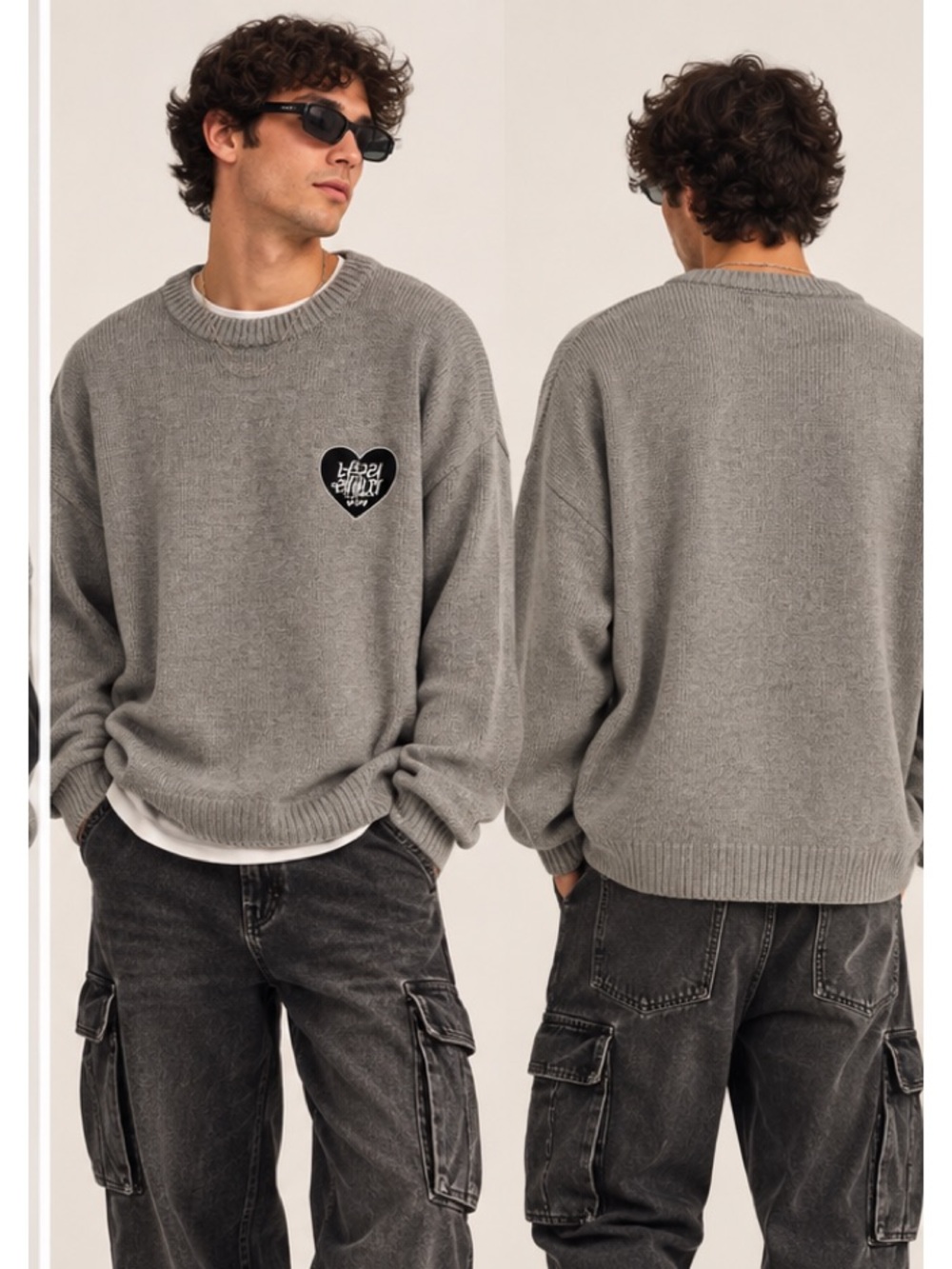Gray Crewneck Sweater Heart Patch Streetwear Casual Slouchy Unisex Large